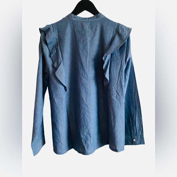 Mud Pie Chambray Blouse Medium Ruffle 100% Cotton Long Sleeve Lightweight Top - Picture 5 of 7